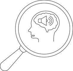 A magnifying glass focuses on a head profile with a brain containing a speaker and sound waves