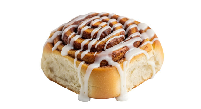 Delicious cinnamon roll with white icing isolated on transparent background