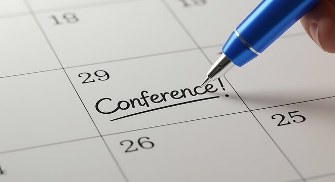 Marking Conference Date on Calendar with a Pen Ready for Planning