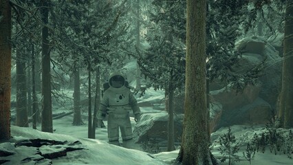 Amidst a tranquil winter forest, an astronaut navigates through deep snow while towering trees surround the serene landscape. The atmosphere feels surreal and quiet, evoking a sense of solitude. © icetray