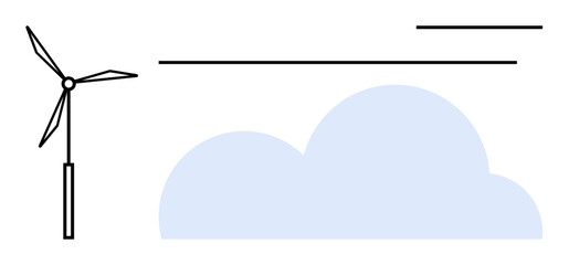 Wind turbine beside abstract cloud and lines representing energy, sustainability, wind power, eco-friendly solutions, technology, clean energy, and modern design. Ideal for green initiatives