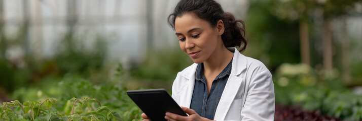 A focused scientist in a greenhouse using a tablet to monitor plant growth, symbolizing innovation and the future of sustainable agriculture.