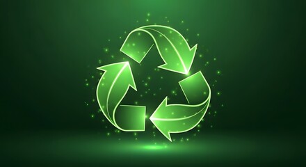Glowing neon green recycle symbol with particles on a dark background. Concept of sustainability, circular economy, and eco-friendly environmental process.