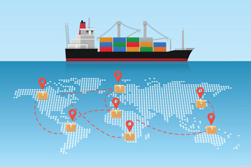 Global shipping routes transportation on world map with ship international trade 
