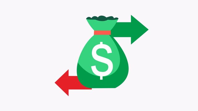 Money bag graphic with directional arrows representing financial flow, banking, budgeting, investments. Perfect for finance blogs, presentations, and infographics.