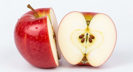 Close Up View of a Whole and Halved Red Apple on a White Surface
