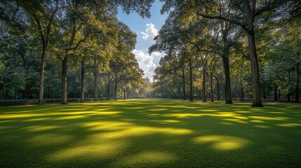 Fototapeta premium Sunlit Avenue of Trees in a Lush Park with Green Lawn
