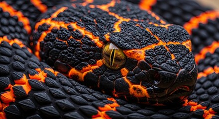 Close Up of a Striking Black and Orange Scaled Serpent's Face Eye Detail
