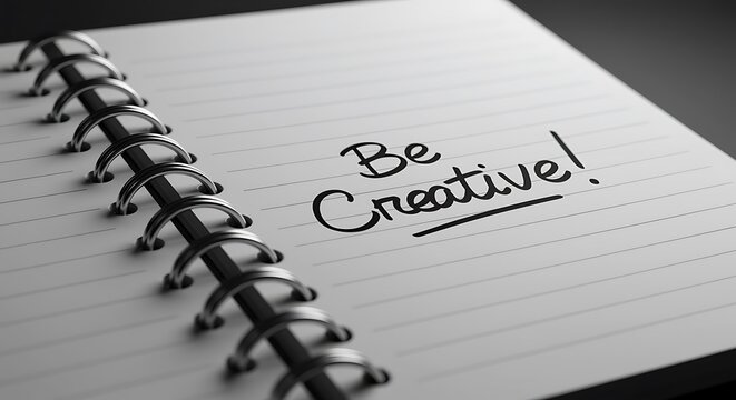 Motivational message on open notebook inviting creativity and innovation displayed