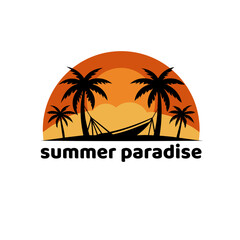 Obraz premium Tropical summer paradise logo with palm trees, boat, and sunset over calm ocean, vacation illustration