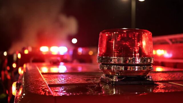 Close-up of a Brightly Flashing Red Siren Light on a Fire Truck at Night During an Emergency Call