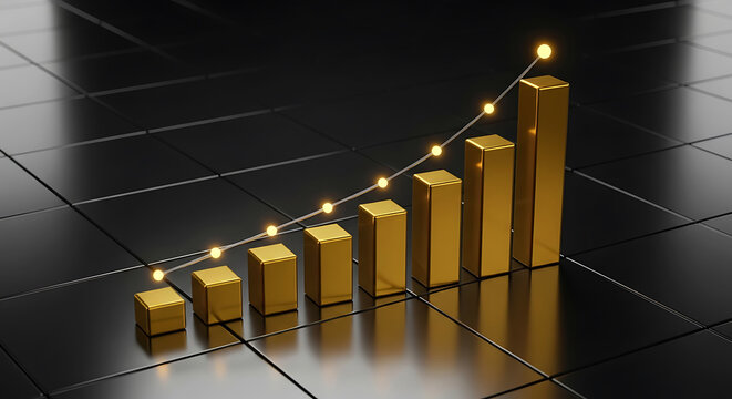 Golden bar chart with glowing line ascending on black tiled surface graph