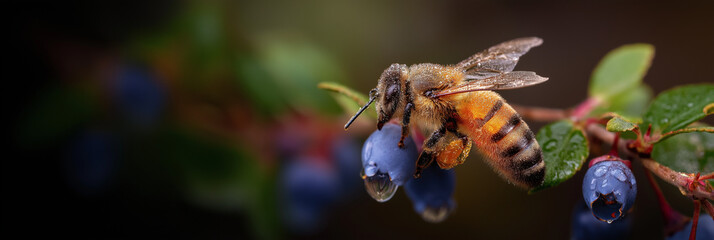 A close-up shot of a buzzing bee perched on a flower, collecting nectar while emphasizing the vital role bees play in pollination and the beauty of nature's ecosystem.
