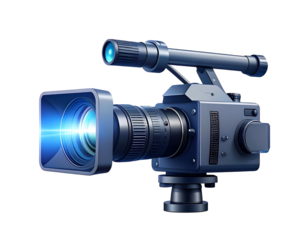 A highly detailed illustration of a professional video camera on a dark background, emitting a lens flare from the lens