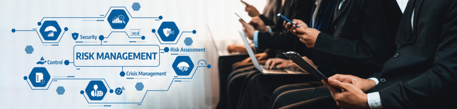 A professional group engaged in risk management discussions, illustrated with infographic elements representing various strategies and key concepts in a corporate environment. Amity