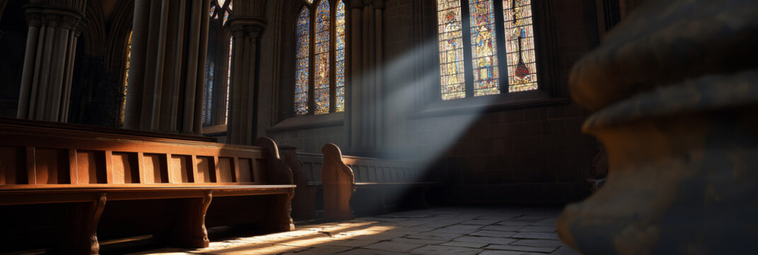 A beautiful shot capturing golden rays of sunlight pouring through stained glass windows in a serene church interior, symbolizing spirituality and tranquility in architectural design.