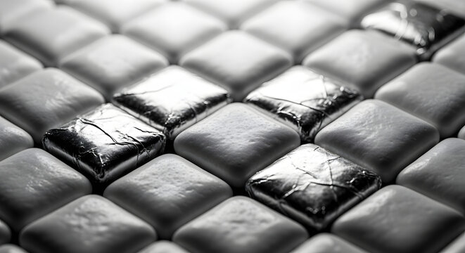 Close-up of a captivating geometric pattern, where matte white cushioned elements are artfully contrasted with reflective silver sections, creating a rich visual texture