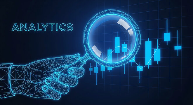 Wireframe hand holding magnifying glass over blue digital stock market chart analytics data
