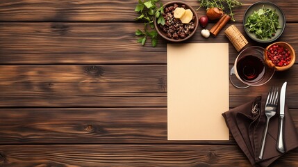 Rustic Dinner Table Setting with Blank Menu, Wine, and Fresh Ingredients