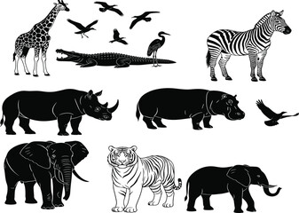 Wildlife animal silhouettes, giraffe, zebra, rhinoceros, hippopotamus, elephant, crocodile, eagle, heron, tiger, birds, jungle safari vector illustration design