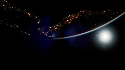 High above the planet, a breathtaking view reveals city lights twinkling along a coastline. The curve of the Earth is visible alongside beautiful celestial elements, creating a captivating spectacle.