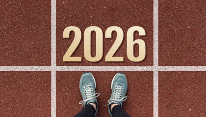 Runner shoes at start line on red track with large bold 2026 number, symbolizing new beginnings, motivation, and future goals in sports or personal achievement