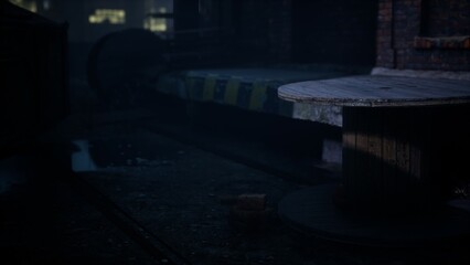 In the dim light of evening, remnants of a once busy factory emerge, showcasing weathered machinery, abandoned surfaces, and long forgotten pathways now shrouded in mystery.