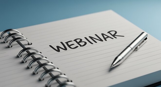 Webinar planning in notebook with pen for online meeting concept