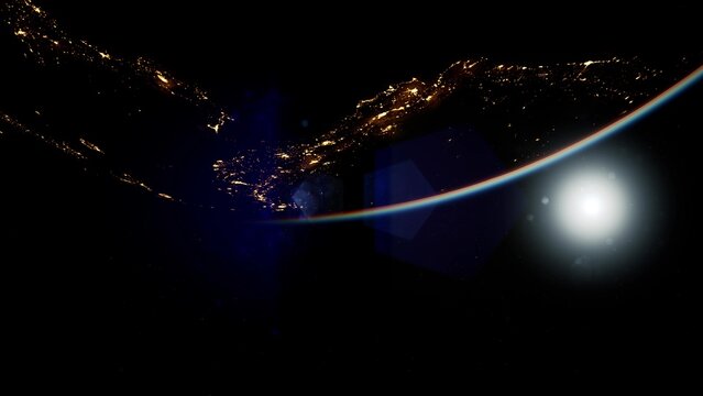 High above the planet, a breathtaking view reveals city lights twinkling along a coastline. The curve of the Earth is visible alongside beautiful celestial elements, creating a captivating spectacle.
