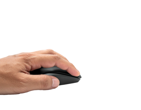 A human hand is shown using a computer mouse isolated on a black background