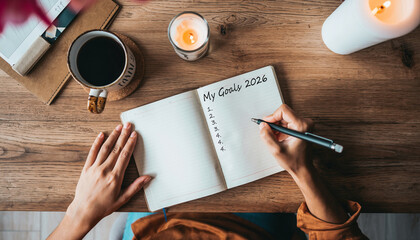 Person writing goals 2026 in journal cozy wooden table coffee mug candlelight relaxed atmosphere planning motivation inspiration self improvement top view