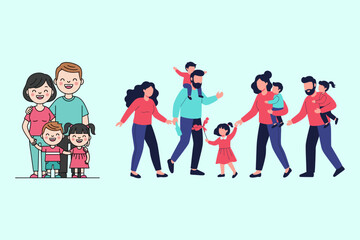 Cartoon Family Illustration Parents and Children in Various Poses