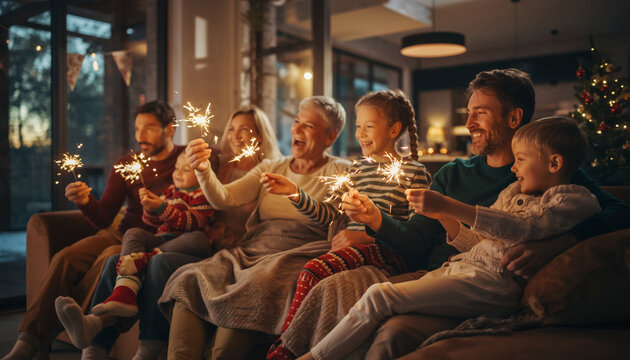 Family holiday celebration sparkler living room children winter evening happiness togetherness create joyful scene of family celebrating New Year at home holding sparklers and smiling warmly