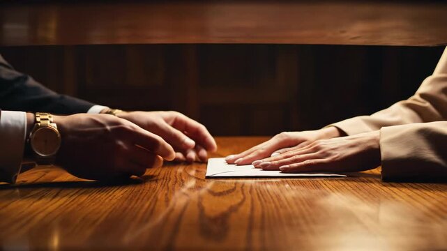 Man giving an envelope with money to a woman. Bribery and financial fraud in a dark transaction environment footage. - Powered by Adobe