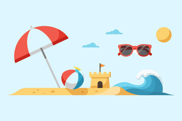 Beach Day Illustration Red Umbrella Sunglasses Sandcastle and Ocean Wave