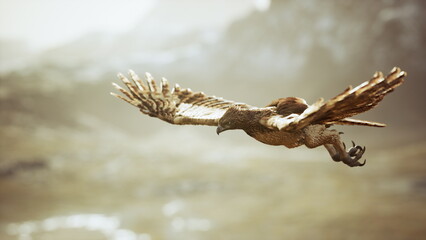 A large eagle soars gracefully above a stunning mountain terrain at dusk. Its powerful wings are outstretched, showcasing intricate feather patterns as it hunts for prey below.