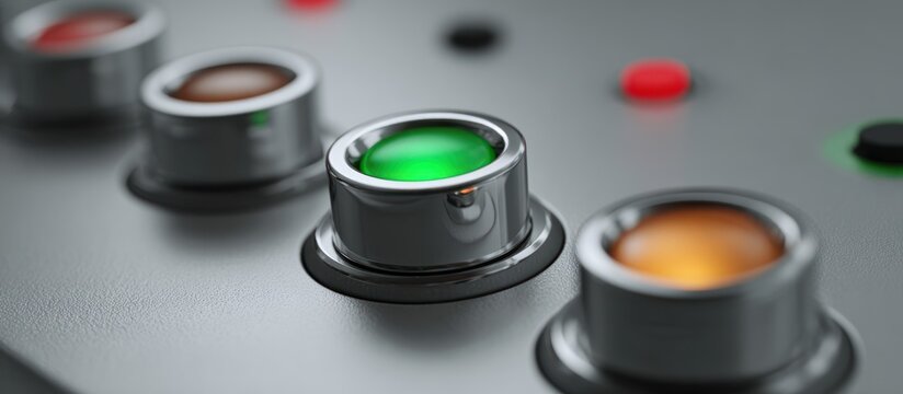 Macro shot of control panel with multiple illuminated buttons, metallic finish