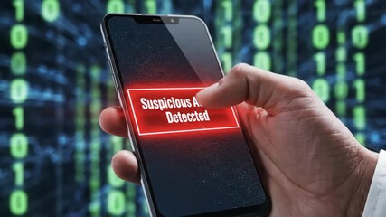 A man receiving a suspicious activity detected notification on his smartphone with evolving binary code background, cybersecurity footage - Powered by Adobe