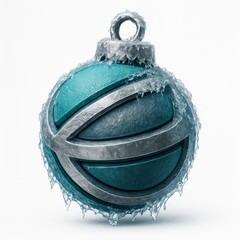 Teal and Silver Christmas Ornament Covered in Ice frozen