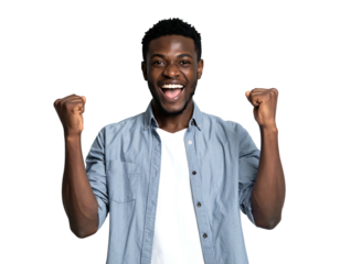 A joyful man with a wide smile, arms raised in celebration against a dark backdrop
