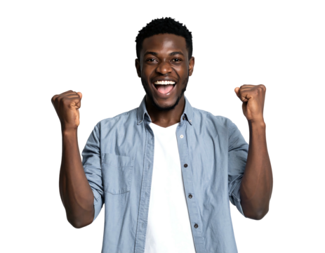 A joyful man with a wide smile, arms raised in celebration against a dark backdrop