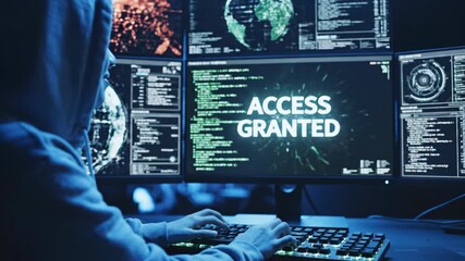 Woman in hoodie typing code on computer keyboard with multiple screens displaying data, hacking activity cinematic footage.