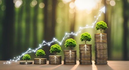 Ascending stacks of coins with small trees growing on top, connected by a bright, upward-trending stock market graph. Concept of business investment, sustainable finance, and green growth economy.