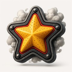 Yellow star award with rivets and red trim on white background