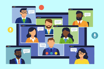 Diverse Team Virtual Meeting Online Collaboration with Speech Bubbles and Microphone Icons