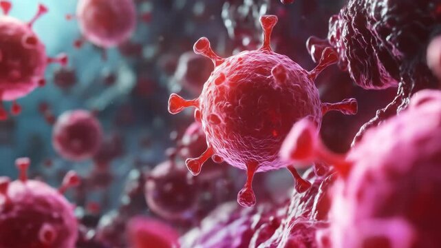 Red spiky microbes, cellular level detail, against blue, pink, soft backdrop
