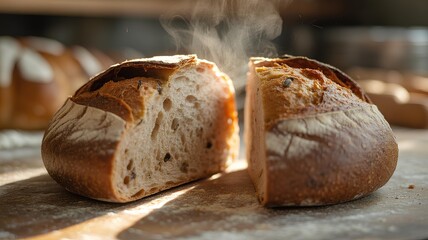 A freshly baked loaf of bread, cut in half, with steam rising from the warm interior.