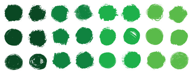 Hand drawn green approved chalk ink crayon texture grunge circle elements. Simple childish forms cut out illustrations.