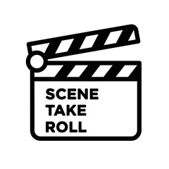 Obraz premium Minimalist black and white film clapperboard icon with open clapper stick and bold text.