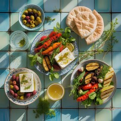Overhead shot of a colorful Mediterranean meal with various fresh ingredients.